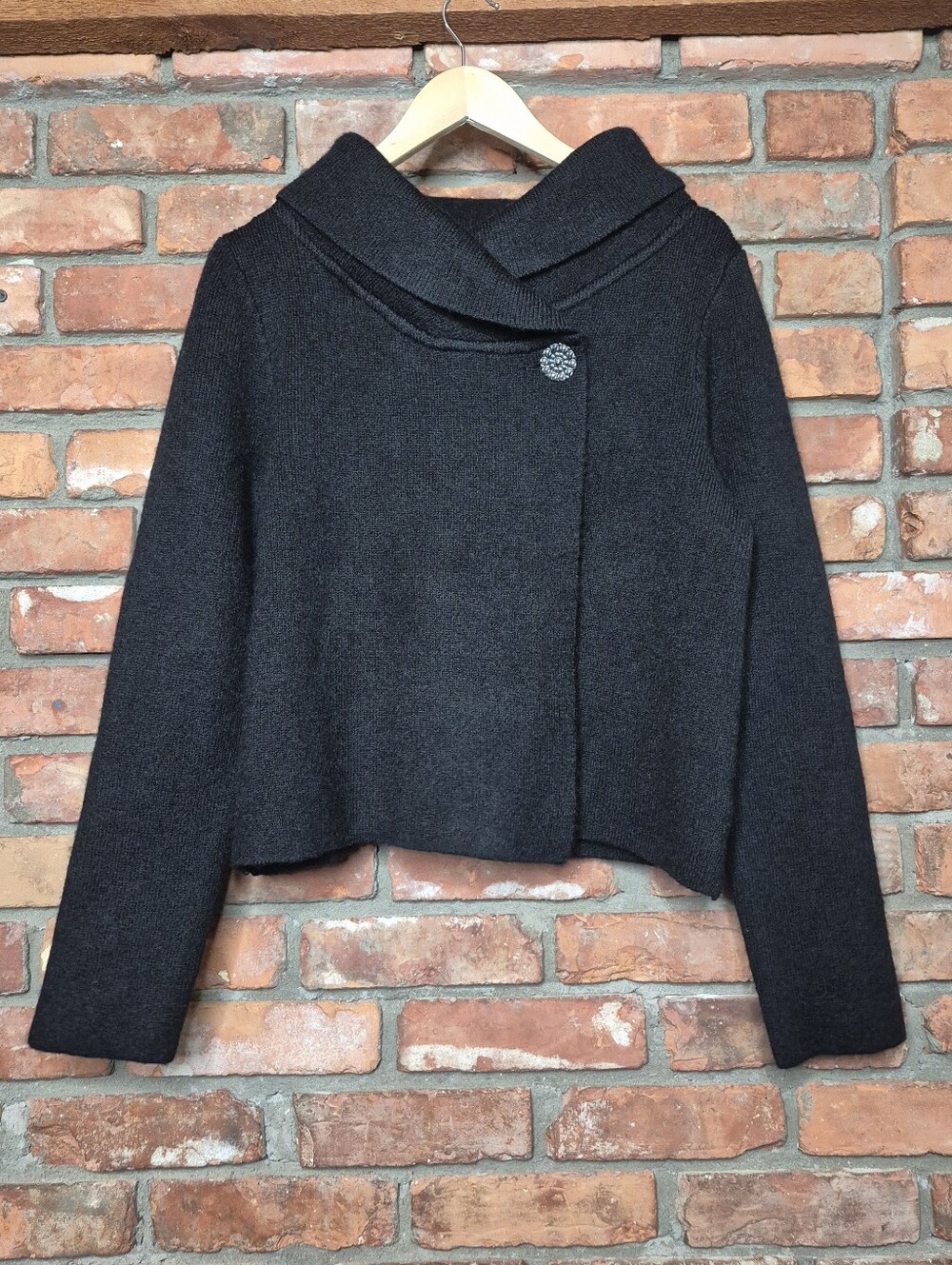 Adrienne Vittadini Wool Blend Draped Collar Cardigan Brooch Button Sweater